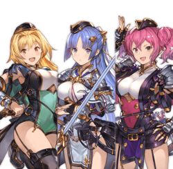  3girls blonde_hair blue_eyes blue_hair breasts clothing_cutout double_bun fingerless_gloves garter_straps gloves granblue_fantasy hair_bun hair_ornament hat large_breasts long_hair looking_at_viewer medium_breasts mena_(shingeki_no_bahamut) mina_(shingeki_no_bahamut) minaba_hideo mona_(shingeki_no_bahamut) multiple_girls official_art open_mouth pelvic_curtain red_eyes red_hair shingeki_no_bahamut short_hair shorts shoulder_pads smile sword thighhighs transparent_background underboob_cutout weapon yellow_eyes 