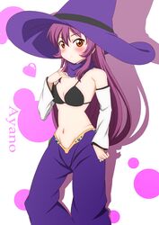  bare_shoulders bikini bikini_top_only black_bikini blush brown_eyes commentary_request cosplay detached_sleeves female hat highres long_hair midriff navel purple_hair rivalun rivalun_(cosplay) scarf solo sugiura_ayano swimsuit tatsuya_(guild_plus) witch_hat yuru_yuri 