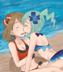  aqua_hair asymmetrical_hair beach bikini blue_bikini breasts brown_hair closed_eyes happy haruka_(pokemon) imminent_kiss lucia_(pokemon) lying navel open_mouth pokemon pokemon_(game) ponytail red_bikini ribbon sea short_hair short_ponytail small_breasts smile yuri 