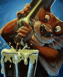  2015 5_fingers alcohol anthro beverage blue_background bottle brown_body brown_fur claws container cup fingers front_view fur holding_bottle holding_container holding_object keovi male mammal mustelid nude otter pouring simple_background smile solo teeth whiskers 