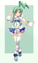  aqua_eyes aqua_hair asymmetrical_hair earrings happy idol legs legwear lucia_(pokemon) midriff navel pokemon pokemon_(game) ponytail shoes skirt smile striped_legwear tiara v 