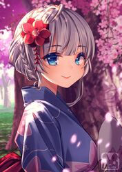  blue_eyes blunt_bangs blurry braid cherry_blossoms closed_mouth commentary commission day depth_of_field english_commentary female flower grey_hair hair_flower hair_ornament hand_fan japanese_clothes kimono law_of_creation monster_girl murmoruno outdoors paper_fan petals smile solo sunlight tree uchiwa upper_body yukata 