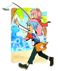  2boys blue_eyes blue_hair boots bug carrying commentary_request copyright_name crown fishing_rod full_body jacket male_focus multiple_boys ocean_prince pants piggyback pink_hair puyo_(puyopuyo) puyopuyo puyopuyo_fever red_eyes salde_canarl_shellbrick_iii shoes sig_(puyopuyo) smile tsunoji 