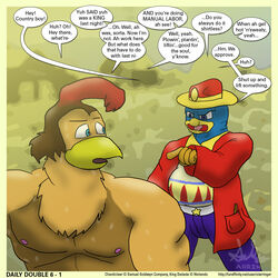  1:1 anthro anthrofied avian beak bird border chanticleer chicken clothed clothing crossover dialogue don_bluth duo english_text frown fully_clothed galliform gallus_(genus) gesture hand_gesture king_dedede kirby_(series) looking_back male male/male muscular nintendo nipples pecs penguin phasianid pointing rock-a-doodle slightly_chubby speech_bubble star_ringer text topless 