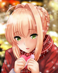  :d ahoge alternate_costume bad_id bad_pixiv_id blonde_hair blurry blurry_background blush box commentary_request depth_of_field eyelashes fate/extra fate_(series) female hair_intakes heart-shaped_box holding holding_box looking_at_viewer nero_claudius_(fate) nero_claudius_(fate/extra) open_mouth outdoors plaid plaid_scarf red_scarf scarf shima-shuu short_hair sidelocks smile snowing solo two-handed upper_body winter 