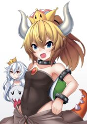  2girls aged_down aqua_eyes bare_shoulders black_leotard blonde_hair blue_eyes boo_(mario) bowsette bracelet breasts brooch character_doll chest_jewel choker collar commentary_request covered_navel crown doll dress frilled_dress frills hair_between_eyes high_ponytail highleg highleg_leotard highres holding holding_doll horns jewelry kuronekozero leotard light_smile long_hair luigi&#039;s_mansion mario_(series) multiple_girls new_super_mario_bros._u_deluxe oerba_yun_fang open_mouth outline pointy_ears ponytail princess_king_boo puffy_short_sleeves puffy_sleeves sharp_teeth short_hair short_sleeves sidelocks simple_background small_breasts smile spiked_bracelet spiked_collar spiked_shell spikes strapless strapless_dress super_crown teeth tongue tongue_out very_long_hair white_background white_choker white_dress white_hair 