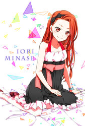  bad_id bad_pixiv_id blush bracelet character_name collarbone female forehead gradient_hair gucce222 idolmaster idolmaster_(classic) jewelry long_hair minase_iori multicolored_hair orange_hair pantyhose red_eyes red_hair sleeveless smile solo 