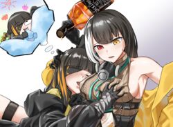  2girls bare_shoulders black_gloves black_hair blush bottle breasts brown_sweater closed_eyes dreaming gas_mask girls&#039;_frontline gloves grabbing grabbing_another&#039;s_breast heterochromia highres holding holding_bottle jacket korean_commentary licking licking_breast long_hair looking_at_another m16a1_(girls&#039;_frontline) mask medium_breasts multicolored_hair multiple_girls open_mouth red_eyes ro635_(girls&#039;_frontline) sgholln sideboob simple_background sleeping sweatdrop sweater yellow_eyes yuri 