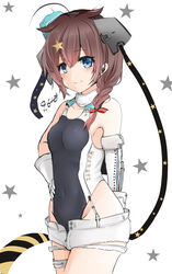  9610_(kuroto) absurdres aqua_hat black_one-piece_swimsuit black_ribbon blue_eyes braid brown_hair competition_swimsuit cosplay elbow_gloves female garrison_cap gloves hair_between_eyes hair_flaps hair_ornament hair_over_shoulder hair_ribbon hat headgear highleg highleg_swimsuit highres kantai_collection long_hair one-piece_swimsuit ribbon scamp_(kancolle) scamp_(kancolle)_(cosplay) shigure_(kancolle) shigure_kai_ni_(kancolle) short_shorts shorts side_ponytail single_braid solo starry_background swimsuit white_background white_gloves white_shorts 