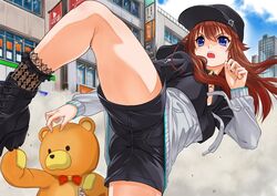  angry ankimo_(tokino_sora) ass baseball_cap black_choker black_footwear black_headwear black_hoodie black_shorts black_socks blue_eyes boots breasts brown_hair choker city crotch crotch_seam day drawstring female flexible hat high_kick highres hololive hood hoodie kicking lace-trimmed_socks long_hair long_sleeves madcolorngr medium_breasts o-ring o-ring_choker open_mouth outdoors platform_footwear short_shorts shorts sky smoke socks standing standing_on_one_leg thighs tokino_sora tokino_sora_(streetwear) two-tone_hoodie virtual_youtuber white_hoodie 