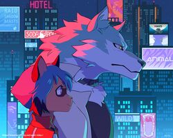  2020 absurd_res activision anthro beastars black_collar brand_new_animal building canid canine canis chest_tuft city collar detailed_background duo female fur hi_res male mammal michiru_kagemori multicolored_body neon_lights outside parody raccoon_dog riska_(artist) shaded shirou_ogami spyro_the_dragon studio_trigger tanuki text tuft two_tone_body url wolf 