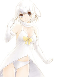  absurdres ass_visible_through_thighs backlighting bare_shoulders breasts collarbone commentary cowboy_shot dress earrings elbow_gloves female fur_collar gloves harp_seal_(kemono_friends) highres jewelry kemono_friends looking_at_viewer medium_breasts panties short_hair simple_background smile solo stylecase underwear white_background white_dress white_gloves white_hair white_panties white_theme 