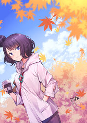  autumn bag blue_eyes blue_sky blush breasts chinese_commentary closed_mouth commentary_request contemporary cup disposable_coffee_cup disposable_cup fate/grand_order fate_(series) female gogatsu_fukuin hair_bun hand_in_pocket highres hood hooded_jacket jacket katsushika_hokusai_(fate) katsushika_hokusai_(traveling_outfit)_(fate) leaf long_sleeves looking_at_viewer maple_leaf medium_breasts official_alternate_costume outdoors partial_commentary purple_hair short_hair shoulder_bag single_hair_bun sky smile solo swept_bangs white_jacket 