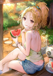  bare_shoulders blonde_hair bracelet brown_eyes denim denim_shorts eating female food fruit grass green_shirt holding holding_food jewelry kaguyuzu licking_lips long_hair looking_at_viewer looking_back original outdoors parted_lips plant ponytail porch scrunchie shirt short_shorts shorts sitting solo stepping_stones tongue tongue_out tree watermelon wiping_face 