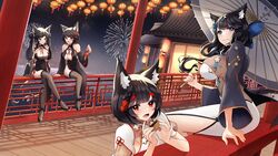  4girls absurdly_long_hair absurdres aerial_fireworks alternate_costume animal_ears architecture azur_lane bare_shoulders black_dress blue_eyes blue_flower breasts cat_ears cat_girl center_opening china_dress chinese_clothes cleavage crossed_legs detached_sleeves double_bun dress east_asian_architecture fireworks flower from_side full_body fusou_(azur_lane) fusou_(meta)_(azur_lane) fusou_(the_celebration_of_spring)_(azur_lane) grey_thighhighs hair_bun hair_flower hair_ornament highres holding holding_umbrella lantern large_breasts long_hair long_sleeves looking_at_viewer multiple_girls oerba_yun_fang official_alternate_costume oil-paper_umbrella on_railing open_mouth outdoors paper_lantern paw_print pelvic_curtain purple_dress railing red_eyes short_hair short_sleeves skin_fang sleeves_past_elbows talking thighhighs twintails two-tone_dress umbrella very_long_hair white_dress yamaha_tsui yamashiro_(azur_lane) yamashiro_(meta)_(azur_lane) 