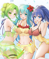  3girls :d ;d aqua_eyes aqua_hair ass bare_shoulders bikini blue_eyes blue_hair braid breasts casual_one-piece_swimsuit circlet cleavage closed_mouth covered_navel cowboy_shot eirika_(fire_emblem) eirika_(summer)_(fire_emblem) fire_emblem fire_emblem:_the_sacred_stones fire_emblem_heroes flower green_eyes green_hair hair_flower hair_ornament highres jewelry l&#039;arachel_(fire_emblem) l&#039;arachel_(summer)_(fire_emblem) large_breasts long_hair medium_breasts mizumura_(midu_mura) multiple_girls navel necklace official_alternate_costume one-piece_swimsuit one_eye_closed open_mouth ponytail red_bikini smile swimsuit tana_(fire_emblem) tana_(summer)_(fire_emblem) water white_bikini yellow_bikini 