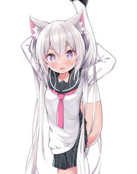  animal_ear_fluff animal_ears arms_behind_head black_footwear black_skirt cat_ears character_request copyright_request eyes_visible_through_hair female highres long_hair multicolored_eyes school_uniform serafuku shirt shoes simple_background siragagaga skirt solo split standing standing_on_one_leg standing_split thighhighs twintails very_long_hair white_background white_hair white_shirt white_thighhighs zettai_ryouiki 