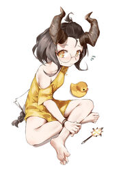  barefoot black_hair blush braid braided_ponytail brown_eyes chinese_commentary commentary_request dress feet female flying_sweatdrops full_body glasses highres horns indian_style indie_virtual_youtuber legs long_hair looking_at_viewer oshin0_(vtuber) oshin0_(zheng) rubber_duck short_sleeves single_bare_shoulder sitting soles solo sweatdrop toes very_long_hair virtual_youtuber white_background white_dress wristband 