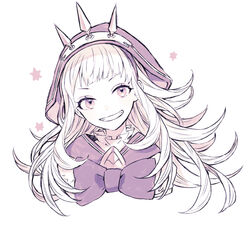  bluuue bow cagliostro_(granblue_fantasy) cropped_shoulders female granblue_fantasy grin hood long_hair monochrome portrait smile solo white_background 