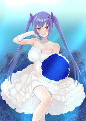  assault_lily bare_shoulders blue_background blue_flower blue_rose blush bouquet breasts cleavage collarbone commentary_request crossed_legs dress elbow_gloves feet_out_of_frame female floral_background flower frilled_dress frills gloves gradient_background hair_ornament hair_ribbon hand_on_own_cheek hand_on_own_face hands_up highres holding holding_bouquet invisible_chair kanden_natsume large_breasts layered_dress long_hair looking_at_viewer matsumura_fuuka parted_lips pink_eyes pink_ribbon purple_hair ribbon rose sidelocks sitting smile solo strapless strapless_dress tassel tassel_hair_ornament twintails very_long_hair wedding_dress white_gloves 