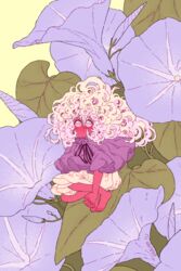  bare_legs barefoot big_hair blush bud colored_skin curly_hair female flower hair_between_eyes leaf long_hair looking_at_viewer mini_person minigirl morning_glory official_art own_hands_together purple_eyes purple_flower purple_nails red_skin rii_abrego signature solo squatting the_sprite_and_the_gardener white_hair wisteria_(the_sprite_and_the_gardener) yellow_background 