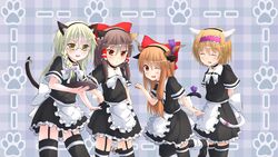  4girls alice_margatroid alternate_costume animal_ears apron bell black-framed_eyewear black_dress black_footwear black_hairband black_thighhighs blonde_hair blue_background bow bowtie braid brown_hair cat_ears cat_tail choker closed_mouth commentary_request cookie_(touhou) cowboy_shot dress enmaided fake_animal_ears frilled_dress frills garter_straps glasses hair_between_eyes hair_tubes hairband hairbow hakurei_reimu highres hinase_(cookie) horn_bow horn_ornament horns ibuki_suika jingle_bell kirisame_marisa kurotsuki_hiiragi leg_up long_hair looking_at_viewer maid multiple_girls neck_bell one_eye_closed open_mouth orange_hair paw_print paw_print_background pink_hairband plaid plaid_background purple_bow red_bow red_eyes reu_(cookie) semi-rimless_eyewear shoes short_hair side_braid single_braid smile tail tail_bell tail_bow tail_ornament thighhighs touhou under-rim_eyewear uzuki_(cookie) waist_apron white_apron white_bow white_bowtie yamin_(cookie) yellow_eyes 