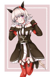  ;q absurdres animal_ears bare_shoulders black_footwear black_hairband black_jacket blush boots bow breasts brown_background commentary_request curren_chan_(umamusume) dress ear_bow female fingers_to_cheeks gloves grey_hair hair_between_eyes hairband hands_up head_tilt highres horse_ears horse_girl horse_tail jacket long_sleeves medium_breasts off-shoulder_jacket off_shoulder one_eye_closed purple_eyes red_bow red_eyes setu_(shining12) solo standing standing_on_one_leg striped_clothes striped_dress tail thighhighs thighhighs_under_boots tongue tongue_out two-tone_background umamusume vertical-striped_clothes vertical-striped_dress white_background white_dress white_gloves 