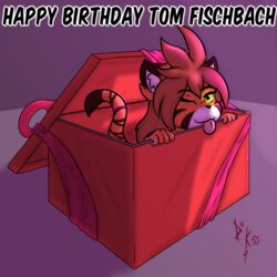  1:1 2022 ambiguous_gender anthro birthday_gift box chibi container countershading destruteka english_text felid flora_(twokinds) fur gift in_box in_container inner_ear_fluff keidran long_tail looking_at_viewer mammal one_eye_closed pantherine simple_background solo striped_body striped_fur stripes tail text tiger tongue tongue_out tuft twokinds wink yellow_eyes 