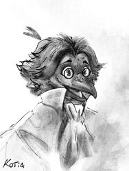  3:4 absurd_res anthro avian beak bird clothed clothing corvid corvus_(genus) digital_media_(artwork) feathers hi_res joseph_corbeau kotia male monochrome open_mouth oscine passerine raven simple_background solo victorian 