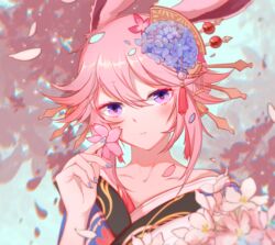  alternate_costume animal_ears blue_background blue_nails cherry_blossoms chinese_commentary commentary female flower fox_ears hair_flower hair_ornament highres honkai_(series) honkai_impact_3rd japanese_clothes kimono looking_at_viewer petals pink_flower pink_hair purple_eyes solo yae_sakura yae_sakura_(goushinnso_memento) zhang_(pixiv62336231) 