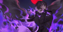  1boy black_hair burning covered_eyes fire forever_7th_capital hair_over_eyes hands_on_own_head highres isaac_(forever_7th_capital) long_sleeves male_focus meru02295238 moon oerba_yun_fang purple_fire purple_theme red_moon scratching_head screaming smoke solo tears upper_body 