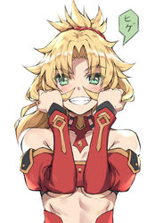  :d bare_shoulders blonde_hair blush breasts commentary detached_sleeves fake_facial_hair fake_mustache fate/apocrypha fate/grand_order fate_(series) female gold_trim gradient_background green_eyes grey_background grin hair_mustache hands_up highres holding holding_own_hair juliet_sleeves long_hair long_sleeves looking_at_viewer mordred_(fate) mordred_(fate/apocrypha) open_mouth parted_bangs photoshop_(medium) playing_with_hair playing_with_own_hair puffy_sleeves small_breasts smile solo teeth tonee translated upper_body 