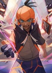  1boy black_hair black_hoodie blue_eyes clenched_hand commentary_request dark-skinned_male dark_skin duraludon gigantamax gigantamax_duraludon gloves highres hood hoodie looking_at_viewer male_focus open_mouth orange_headwear outstretched_hand partially_fingerless_gloves pokemon pokemon_(creature) pokemon_swsh raihan_(pokemon) rotom rotom_phone single_glove teeth tongue tsugutoku 