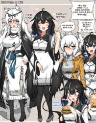  3girls :d ^_^ absurdres animal_ears arknights bell black_cape black_footwear black_hair black_legwear boots braid breasts burger cape cliffheart_(arknights) cliffheart_(highlands_visitor)_(arknights) closed_eyes commentary dress ear_wiggle facing_viewer food fur-trimmed_jacket fur_trim grey_background grey_eyes grey_footwear hair_between_eyes hand_up head_chain high_heel_boots high_heels highres holding holding_bell holding_food jacket jewelry kjera_(arknights) korean_commentary large_breasts long_hair long_sleeves looking_at_viewer manggapaegtoli multiple_girls multiple_views open_clothes open_jacket open_mouth pantyhose pramanix_(arknights) siblings sisters smile snow_leopard_ears snow_leopard_girl snow_leopard_tail speech_bubble translated twin_braids white_dress white_hair yellow_jacket 