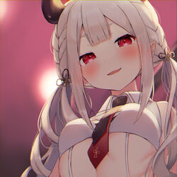  absurdres bare_shoulders blush braid breasts chromatic_aberration crop_top female from_below grey_hair hair_ornament highres horns long_hair looking_at_viewer naraka_(2nd_costume)_(nijisanji) naraka_(nijisanji) necktie nijisanji oerba_yun_fang oni parted_lips pointy_ears red_eyes short_eyebrows sidelocks sleeveless small_breasts solo twintails virtual_youtuber yotsugi 