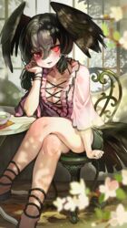  absurdres bare_legs bird_tail black_hair black_wings blurry blurry_foreground blush breasts casual chair collarbone commentary crossed_legs cup elbow_rest feathered_wings female hair_between_eyes head_rest head_wings highres kemono_friends long_hair long_sleeves looking_at_viewer medium_breasts melaton open_mouth red_eyes sitting smile solo tail teacup wings yatagarasu_(kemono_friends) 