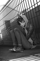  2019 2:3 anthro barefoot biped black_and_white bottomwear clothed clothing detailed_background digital_media_(artwork) feet fence hair hi_res hoodie jacket lagomorph leporid male mammal monochrome outside pants rabbit shaded sitting solo topwear wildering 