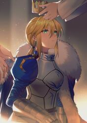  absurdres armor armored_dress artoria_pendragon_(fate) blonde_hair blue_cape blue_dress cape commentary coronation crown dress dressing_another fate/grand_order fate/stay_night fate_(series) female fur_trim gauntlets green_eyes hair_between_eyes highres holding holding_crown juliet_sleeves light_particles long_sleeves looking_at_another looking_away low_ponytail out_of_frame parted_lips ponytail puffy_sleeves putting_on_headwear saber_(fate) sidelocks solo_focus upper_body yorukun 