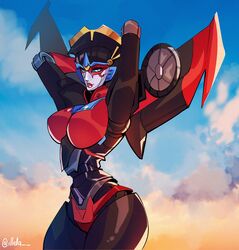  absurdres airplane_wing autobot blue_eyes breasts curvy female geisha highres illella large_breasts mecha mechanical_wings metal_skin narrow_waist red_lips robot science_fiction thick_thighs thighs transformers windblade wings 