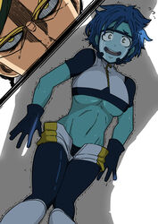  absurdres black_gloves blue_hair blue_skin boku_no_hero_academia breasts bubble_girl_(boku_no_hero_academia) colored_skin crop_top cropped_shirt diving_mask english_commentary female gloves goggles highres large_breasts mark_gavatino midriff navel nervous_sweating open_clothes open_mouth open_shorts scared shaded_face short_hair shorts sir_nighteye solo_focus staring stomach superhero_costume sweat trembling underboob white_shorts yellow_eyes yellow_shorts 