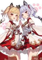  2girls :o absurdres animal_ears animal_hands animal_print arpeggio_kaga bai_(granblue_fantasy) bell blonde_hair blunt_bangs brown_eyes commentary_request detached_sleeves erune gloves granblue_fantasy highres huang_(granblue_fantasy) jingle_bell looking_at_viewer multiple_girls open_mouth paw_gloves paw_print paw_print_background short_hair siblings simple_background single_glove sisters tail thighs tiger_ears tiger_girl tiger_print tiger_tail white_background white_hair wide_sleeves 