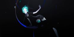  1other amputee androgynous aqua_eyes arm_at_side belt black_background black_footwear black_necktie commentary_request cracked_skin crystal_hair double_amputee gem_uniform_(houseki_no_kuni) glint glowing glowing_hair highres houseki_no_kuni looking_at_viewer meru02295238 necktie other_focus outstretched_arm phosphophyllite puffy_short_sleeves puffy_sleeves severed_limb shards shoes short_sleeves shorts simple_background solo surprised 