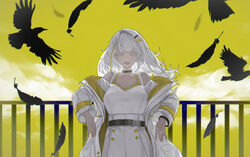  a.i._voice against_railing akiba_(nagusami) asymmetrical_bangs belt bird black_belt black_bracelet black_collar blonde_hair breasts closed_eyes cloud collar commentary_request cowboy_shot crow elbow_rest facing_viewer falling_feathers feathers female floating_hair green_background green_theme high-waist_skirt highres jacket jacket_partially_removed large_breasts last_resort_(vocaloid) leaning_back long_hair long_sleeves multicolored_clothes multicolored_hair multicolored_jacket off-shoulder_shirt off_shoulder open_clothes open_jacket open_mouth railing shirt single_hair_intake skirt smile solo spaghetti_strap straight-on streaked_hair thick_eyebrows tsunose_kotone two-tone_jacket white_jacket white_shirt white_skirt yellow_jacket 