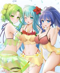  3girls :d ;d aqua_eyes aqua_hair ass bare_shoulders bikini blue_eyes blue_hair braid breasts casual_one-piece_swimsuit circlet cleavage closed_mouth commentary_request covered_navel cowboy_shot eirika_(fire_emblem) eirika_(summer)_(fire_emblem) fire_emblem fire_emblem:_the_sacred_stones fire_emblem_heroes flower green_eyes green_hair hair_flower hair_ornament highres jewelry l&#039;arachel_(fire_emblem) l&#039;arachel_(summer)_(fire_emblem) large_breasts long_hair medium_breasts mizumura_(midu_mura) multiple_girls navel necklace official_alternate_costume one-piece_swimsuit one_eye_closed open_mouth ponytail smile swimsuit tana_(fire_emblem) tana_(summer)_(fire_emblem) twitter_username water 