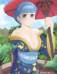  bare_shoulders blue_hair blush breasts brown_eyes cleavage female fire_emblem forest highres japanese_clothes kimono large_breasts looking_at_viewer loose_clothes marianne_von_edmund nature outdoors signature smile solo traveler_san umbrella watermark 