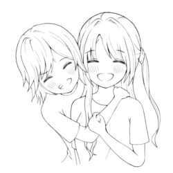  2girls bad_id bad_pixiv_id blush closed_eyes greyscale half_updo honda_mio hug hug_from_behind idolmaster idolmaster_cinderella_girls line_art long_hair mira_cetus monochrome multiple_girls one-armed_hug shimamura_uzuki short_hair smile upper_body 