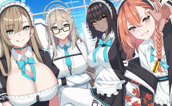  4girls :q akane_(blue_archive) apron aqua_eyes asuna_(blue_archive) between_breasts black_hair blue_archive blue_sky bow bowtie braid breast_hold breasts choker claw_pose cleaning_&amp;_clearing_(blue_archive) cleavage closed_mouth commentary_request cowboy_shot dark-skinned_female dark_skin day disembodied_hand flat_chest forehead frilled_apron frills gaitoou glasses grey_hair hair_between_eyes halo hand_up highres huge_breasts karin_(blue_archive) large_breasts long_hair looking_at_viewer maid maid_headdress mole mole_on_breast multiple_girls necktie neru_(blue_archive) open_mouth outdoors pink_eyes platinum_blonde_hair revision sky slit_pupils smile tongue tongue_out upper_body white_apron yellow_eyes 