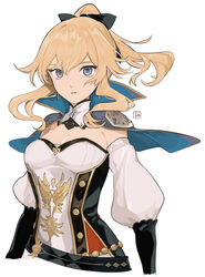  belt blonde_hair blue_eyes breasts capelet cleavage corset cross cross_earrings detached_collar detached_sleeves earrings female genshin_impact hair_ribbon highres jean_(genshin_impact) jewelry long_hair looking_at_viewer md5_mismatch medium_breasts mogomaco parted_lips photoshop_(medium) ponytail puffy_sleeves ribbon sidelocks simple_background solo strapless white_background 