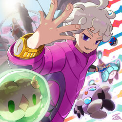  2boys ahoge bad_id bad_pixiv_id bede_(pokemon) coat commentary_request curly_hair eyelashes female fingernails gothita great_ball grey_hair hatenna highres looking_at_viewer multiple_boys oleana_(pokemon) parted_lips perspective poke_ball pokemon pokemon_(creature) pokemon_swsh purple_coat purple_eyes rose_(pokemon) signature smirk solosis spread_fingers tom_(pixiv10026189) watch wristwatch 