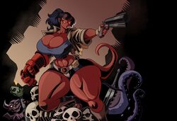  absurd_res big_breasts bone bottomwear breasts cleavage clothed clothing demon demon_humanoid female fire gun hellboy_(character) hellboy_(series) hi_res holding_gun holding_object holding_ranged_weapon holding_weapon humanoid jaeh melee_weapon mtf_crossgender ranged_weapon rule_63 shorts skull sword thick_thighs weapon 